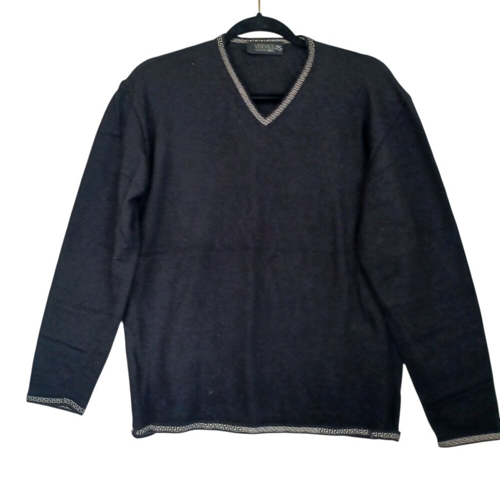 Versace Classic V2 Black Merino Wool Greek Key V-Neck Sweater Made in Italy OS